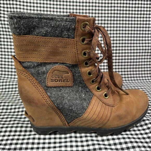 Sorel Lexie Boots Women's 9 Brown Gray Leather Hidden Wedge Lace Up Lug Booties - Picture 3 of 7